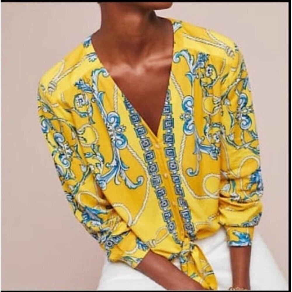 Anthropologie Yellow & Blue Printed Tie-Hem Blouse